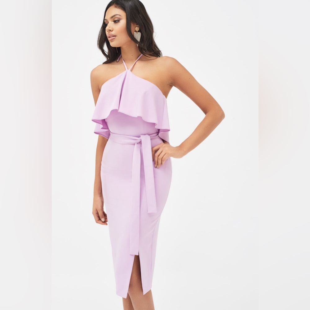 Lavish Alice Halterneck Double Layer Midi Dress in Lilac Size 12